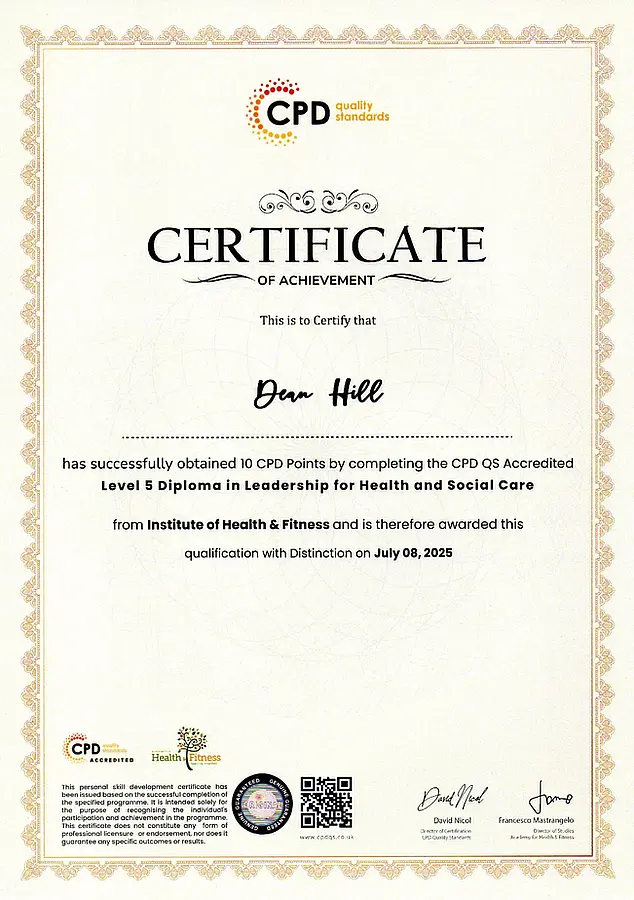 Dean Hill Level 5 Diploma in Leadership for Healt