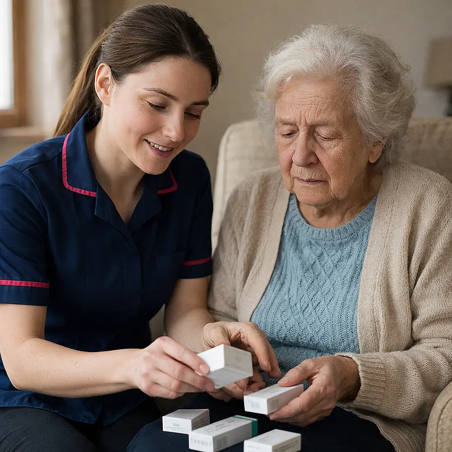 A a caucasian female caregiver in tunic uniform with color 00072b and with e51974 accent colour with a forgetfull elderly woman. the elderly woman is sitting in an amchair. the caregiver is helping organise prescribed medication boxes
