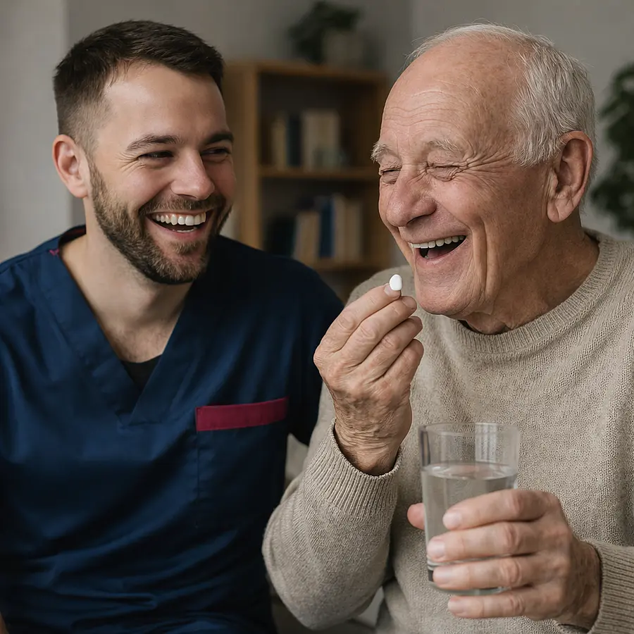 A acaucasian male caregiver in tunic uniform with color 00072b and with e51974 accent colours watching an elderly man take medication pills while holding a glass of water. both are happy and content