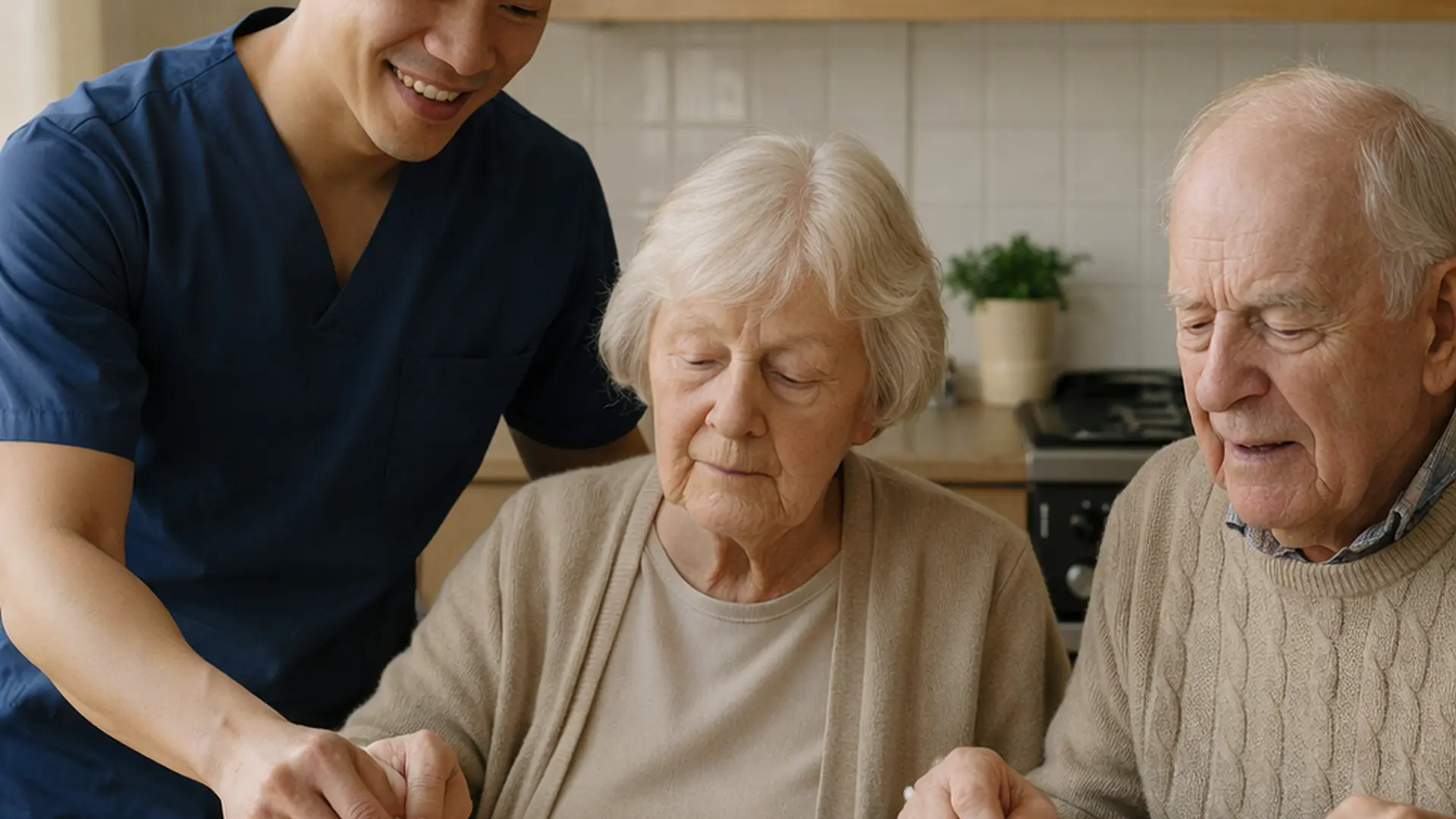 A an asian male caregiver in tunic uniform with color 00072b and with e51974 accent colour in a realistic kitchen with an elderly couple who have dementia ensuring save and simple mealtime routine