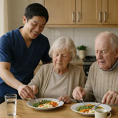 A an asian male caregiver in tunic uniform with color 00072b and with e51974 accent colour in a realistic kitchen with an elderly couple who have dementia ensuring save and simple mealtime routine 