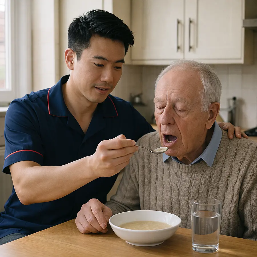 A an asian male caregiver in tunic uniform with color 00072b and with e51974 accent colour in a realistic kitchen supporting an older person to eat this could be due to swallowing difficulties an inability to taste or inadequate hydration.