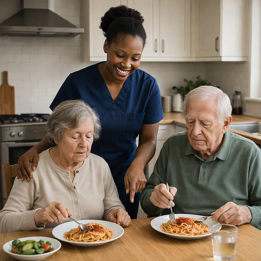 A black female caregiver in tunic uniform with color 00072b and with an accent color e51974 in a realistic kitchen with an elderly couple who have dementia ensuring save and simple mealtime routine