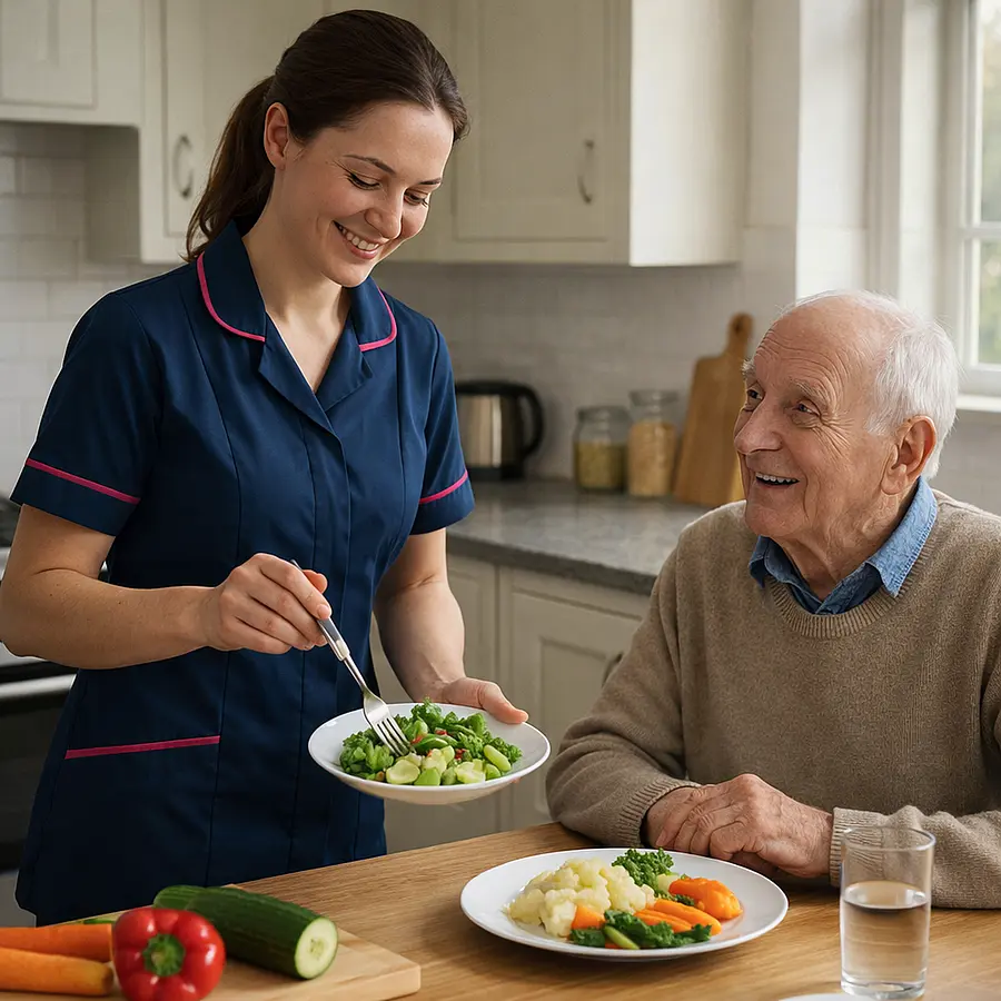 A caucasian female caregiver tunic uniform with color 00072b and with an accent color e51974 in a realistic kitchen preparing a meal for elderly man. this is to promote mealtime routine