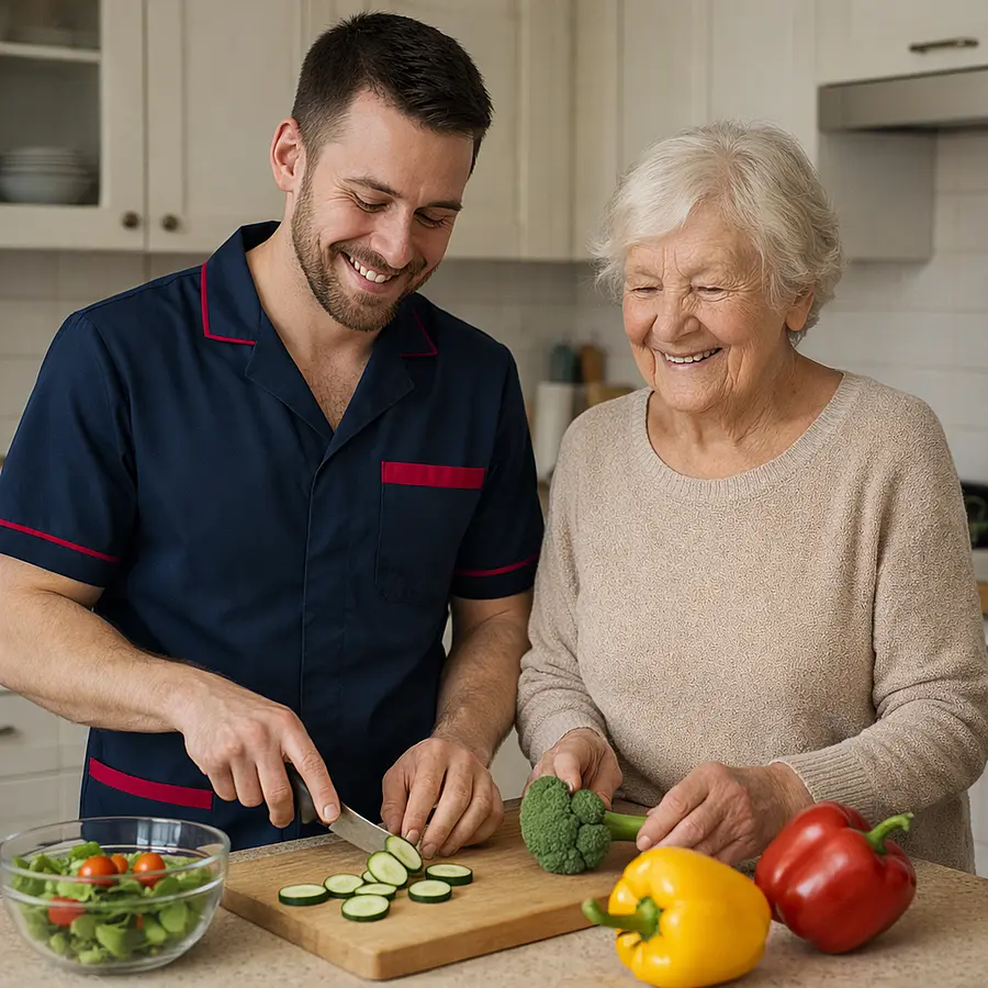 A caucasian male caregiver tunic uniform with color 00072b and with an accent color e51974 in a realistic kitchen preparing a meal with an elderly woman. they are preparing this together and are both at ease