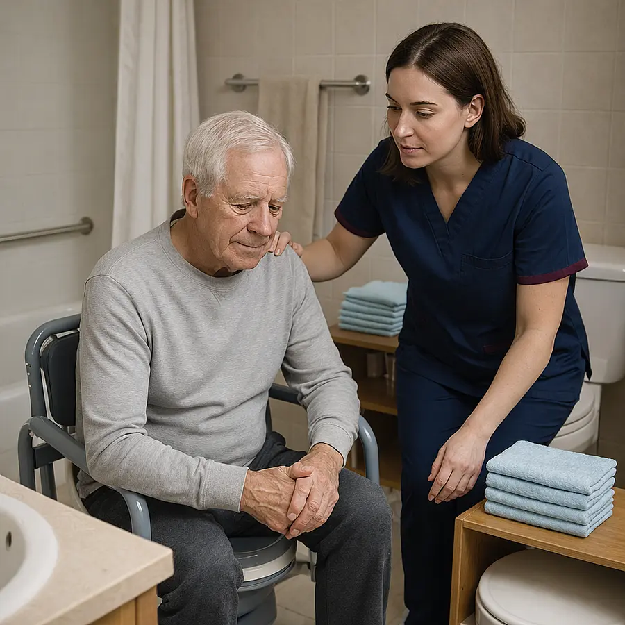 A realistic bathroom where a caucasian female caregiver in a 00072b tunic with e51974 accents assists an older man both calmly focused with a commode and neatly stacked absorbent pads visible illustrating practical continence equipment in a homely environment