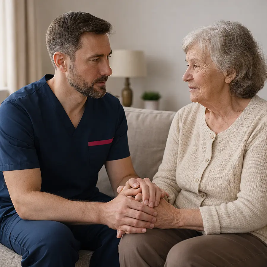 A realistic lounge scene where a Caucasian male caregiver in a 00072b tunic with e51974 accent sits facing an older woman holding her hands and listening attentively both relaxed emphasising empathy and emotional connection.