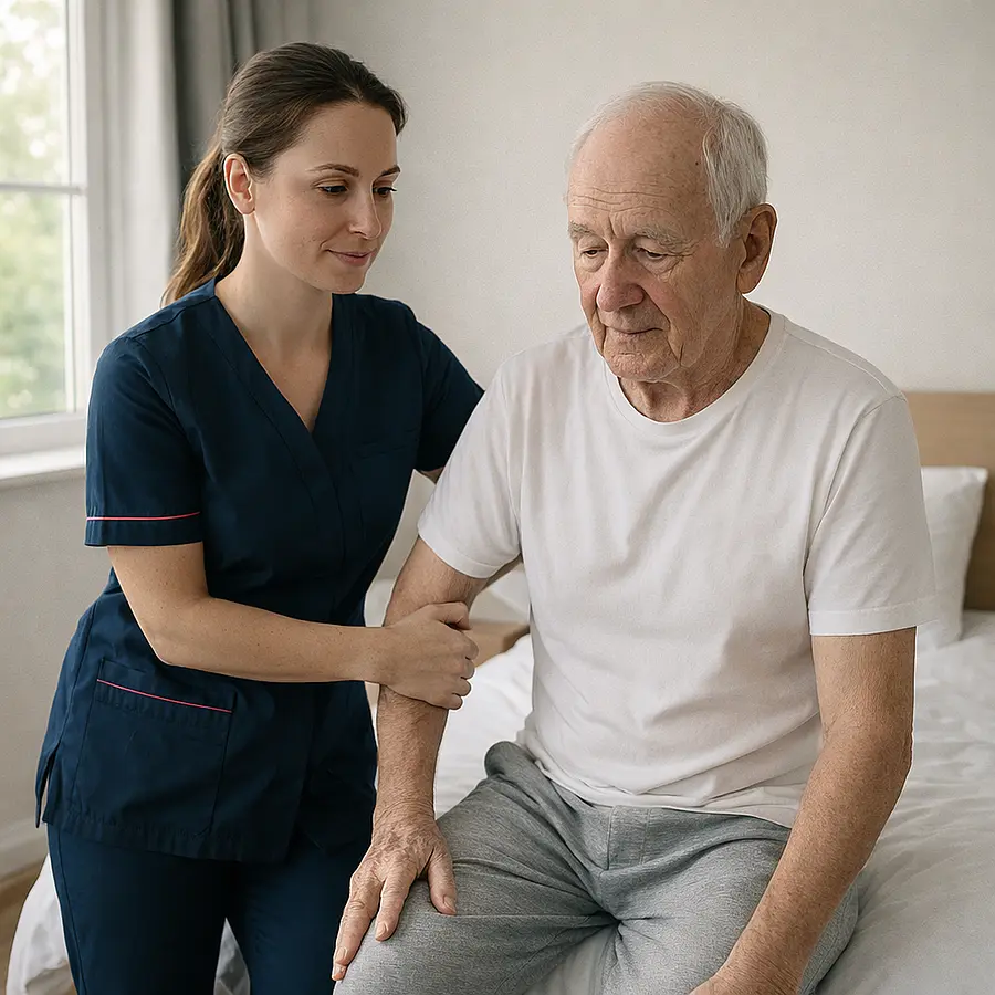A Caucasian female caregiver in a 00072b tunic with e51974 accent guiding an older adult through a morning routine in a bright bedroom calm expressions supportive interaction realistic detail.