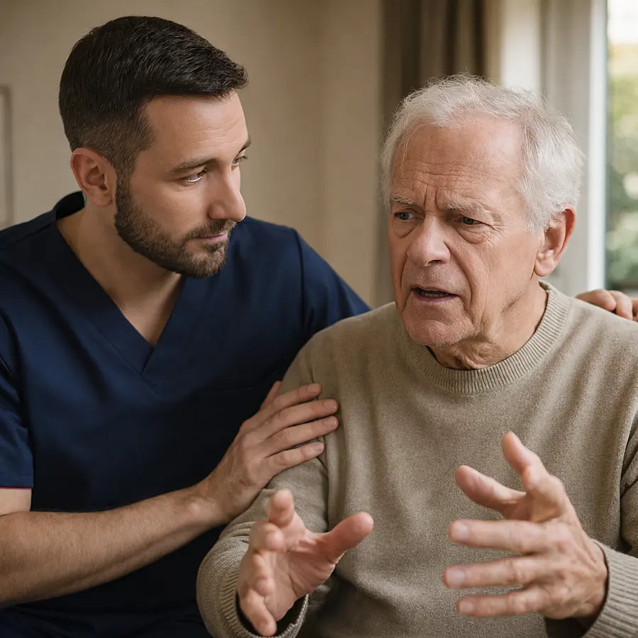 A Caucasian male caregiver in a 00072b tunic with e51974 accent offering calm reassurance to an older adult showing signs of agitation natural indoor setting warm and supportive mood.