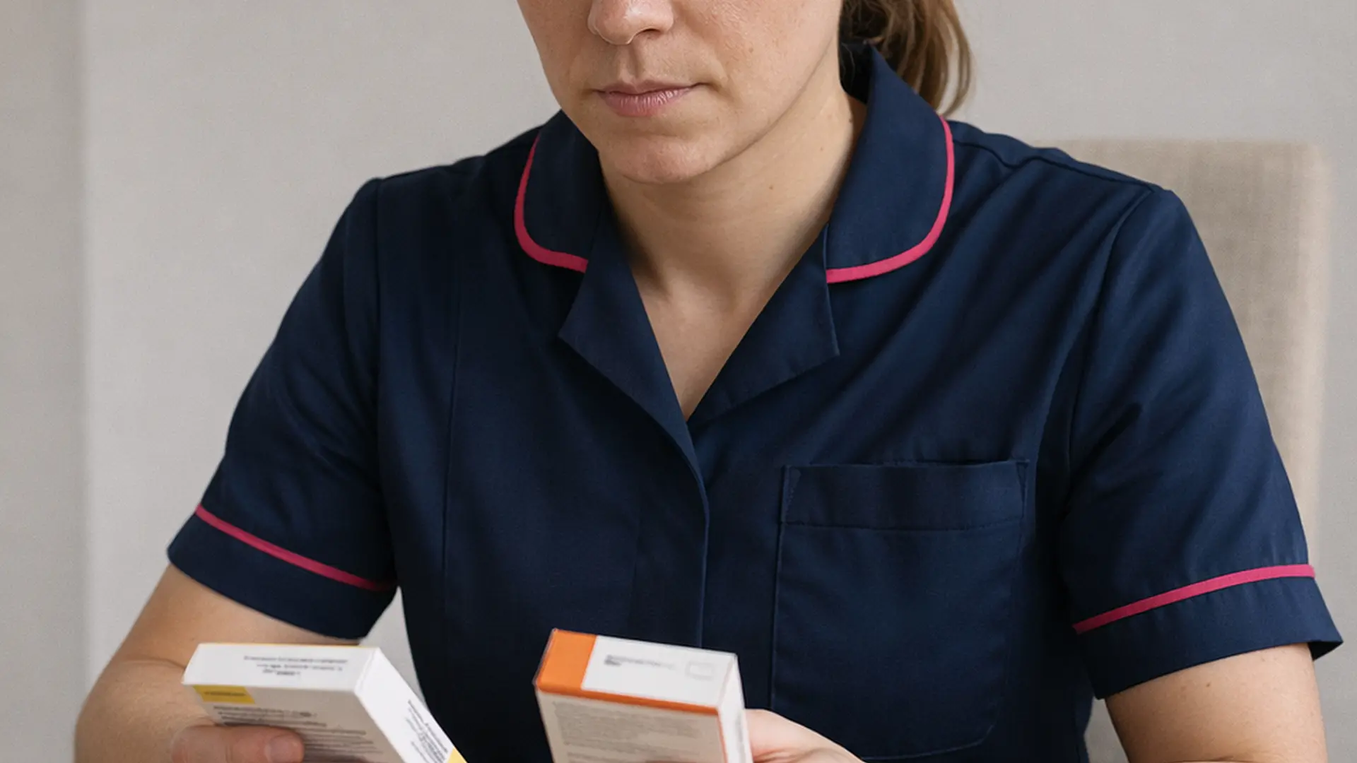 A a caucasian female caregiver in tunic uniform w