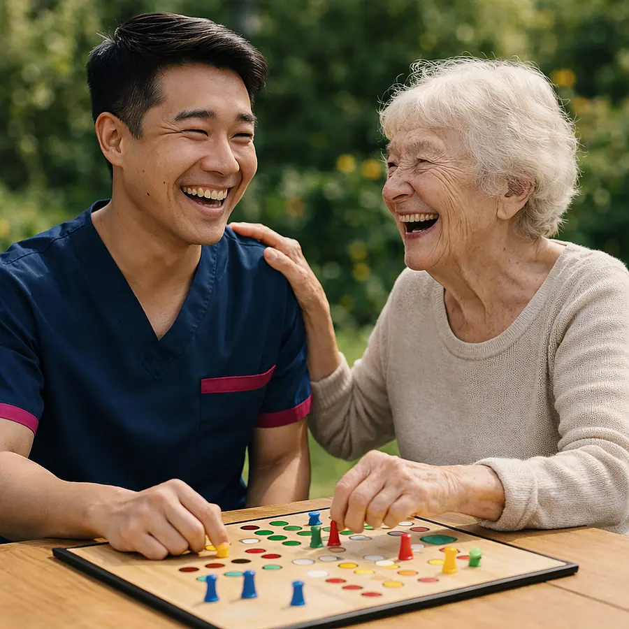 A asian male caregiver wearing a tunic uniform with color 00072b and with an accent color e51974 is sitting at a table with a senior woman. they are playing a board game. bother are laughing and the senior woman is touching the carers shoulder. this should be in an outside garden setting. bright and
