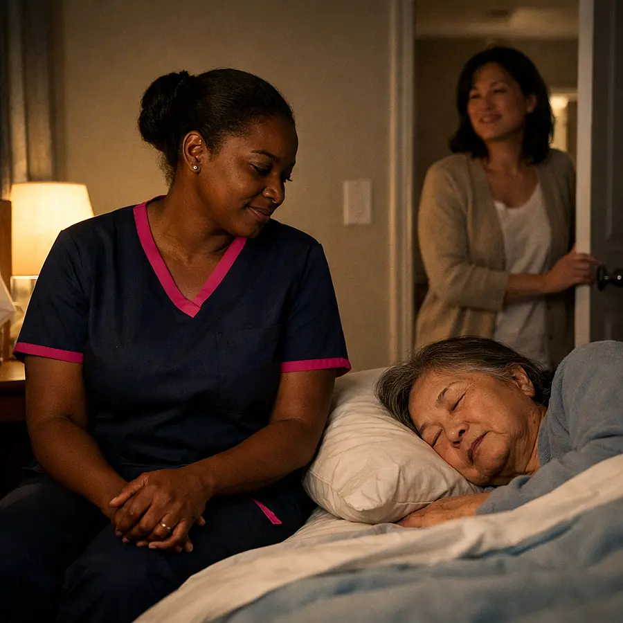 A black female caregiver in a 00072b tunic with e51974 accents sits quietly beside a sleeping older Asian woman in a dim bedroom at night while the womans daughter leaves the room looking relieved. The atmosphere is peaceful highlighting respite for family carers.