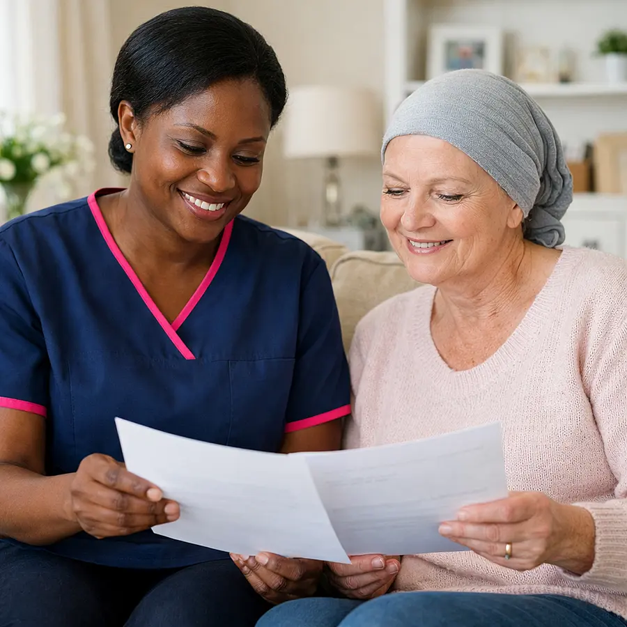 A black female caregiver in a 00072b tunic with e51974 trim sits beside a middle aged white woman on a sofa reviewing appointment letters together in a bright living room both smiling gently. The atmosphere is calm and reassuring conveying professional home cancer care support and warmth.