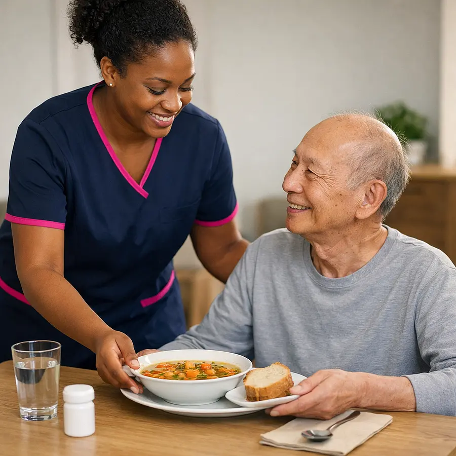 A black female caregiver in a 00072b tunic with e51974 trim serves a colourful bowl of soup and bread to a thin older Asian man seated at a dining table both smiling. The table is simply set conveying gentle encouragement to eat and maintain strength during cancer treatment.
