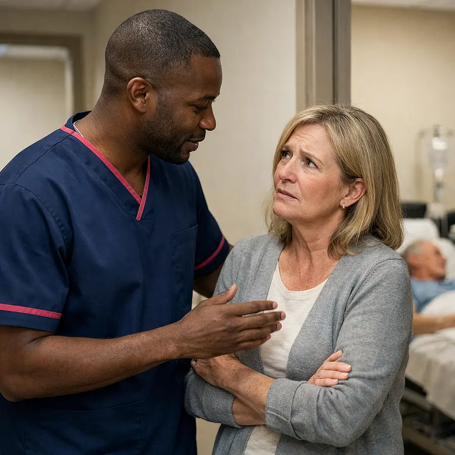 A black male caregiver in a 00072b tunic with e51974 trim talks gently with an anxious looking middle aged white woman in a hallway while an older man rests in a nearby room. Their body language shows empathy and reassurance emphasising emotional support for families during cancer.