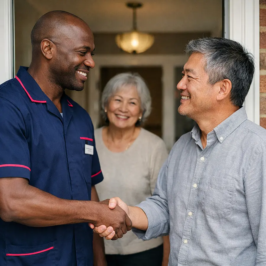 A black male caregiver in a 00072b tunic with e51974 piping shares a warm handshake with a middle aged Asian man at the front door while an older woman smiles from inside. The moment conveys trust reliability and ongoing partnership in cancer care at home.