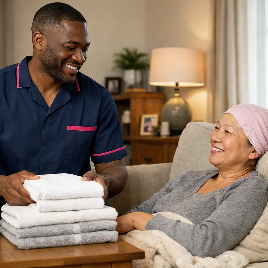 A black male caregiver in a 00072b tunic with e51974 accents folds clean towels in a tidy living room while a tired middle aged Asian woman with a headscarf relaxes on the sofa. Both exchange a warm smile capturing the relief of practical support during cancer treatment.