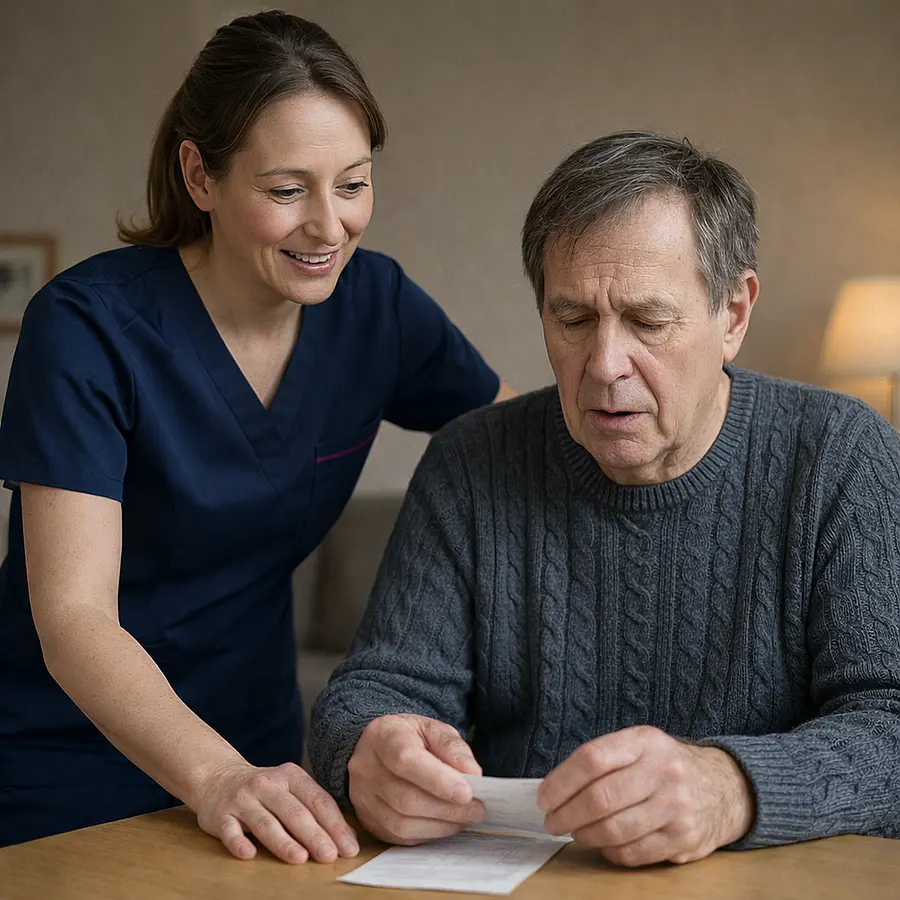 A caucasian femal caregiver in a tunic uniform with color 00072b and with an accent color e51974 with a middle aged adult helping with daily tasks while supporting multiple cognitive challenges mixed dementia