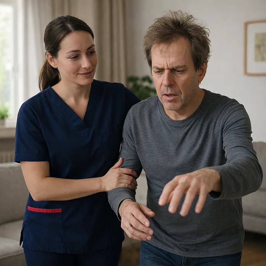 A caucasian femal caregiver in a tunic uniform with color 00072b and with an accent color e51974 helping an adult with huntingtons disease with movement and cognitive support offering guidance and reassurance in a comfortable home environment.