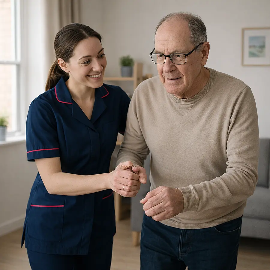 A caucasian femal caregiver in a tunic uniform with color 00072b and with an accent color e51974 assisting an adult with parkinsons disease with mobility and cognitive support providing reassurance and encouragement at home.