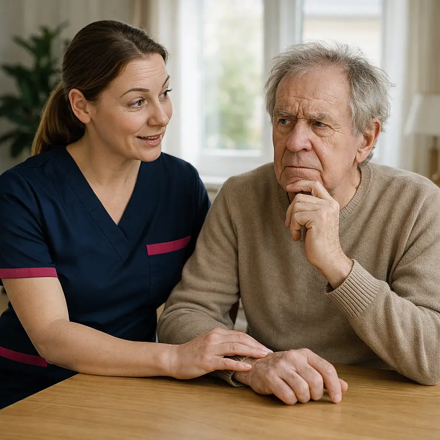 A caucasian femal caregiver in a tunic uniform with color 00072b and with an accent color e51974 gently prompting an adult with Korsakoff syndrome to recall recent events providing reassurance and structured memory support in a bright home setting.