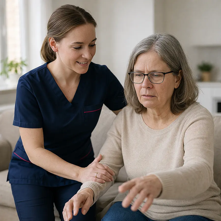A caucasian femal caregiver in a tunic uniform with color 00072b and with an accent color e51974 with a middle aged adult with Posterior cortical atrophy in a bright home setting