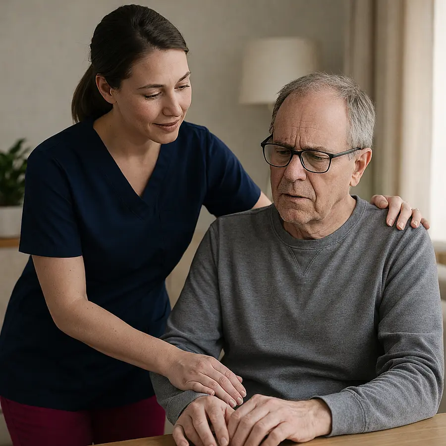 A caucasian female caregiver in a tunic uniform with color 00072b and with an accent color e51974 assisting an adult living with HIV associated dementia providing reassurance and support with daily tasks in a calm home environment.