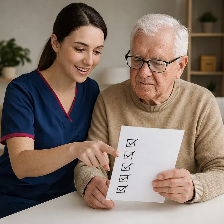 A caucasian female caregiver in a tunic uniform with color 00072b and with an accent color e51974 assisting an older adult with planning tasks pointing to a simple checklist with calm reassurance in a tidy home environment.