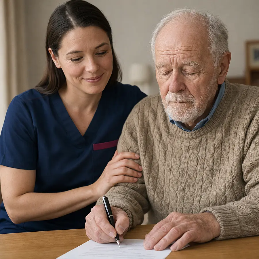 A caucasian female caregiver in atunic uniform with color 00072b and with an accent color e51974 calmly guiding an older adult through daily tasks supporting fluctuating alertness with a warm and reassuring expression.