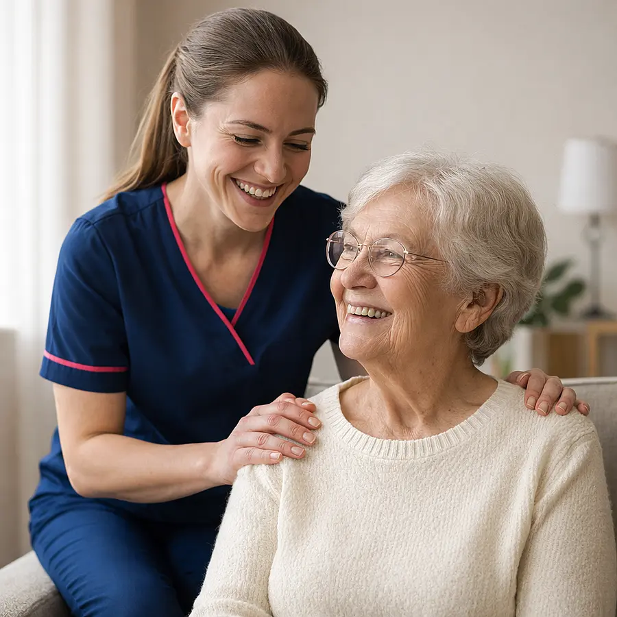 A caucasian female caregiver wearing a tunic uniform with color 00072b and with an accent color e51974 standing behind a senior woman who is sitting on a living room sofa. the senior woman is smiling at the carer who is leaning over sofa and the senior womans shoulder with here hands on the senior w