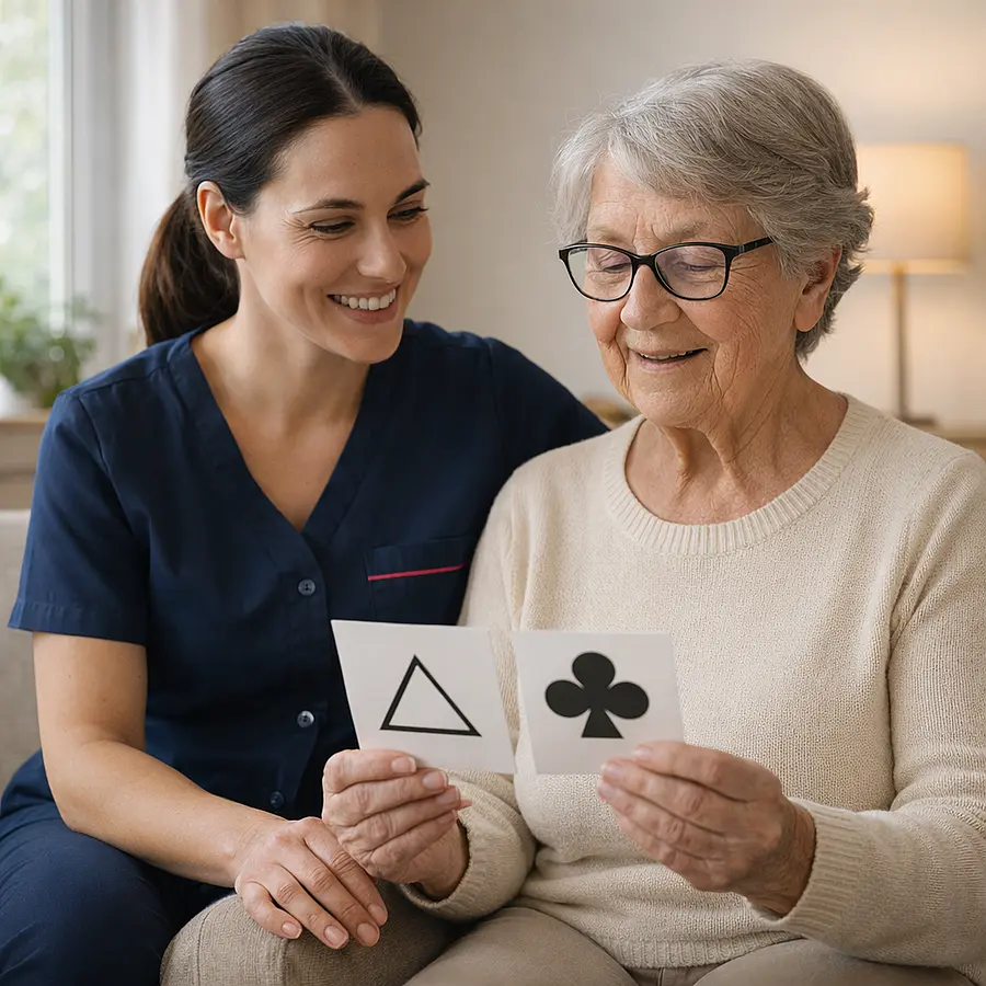 A caucasian female caregiver wearing a tunic uniform with color 00072b and with an accent color e51974 gently helping an older adult with memory exercises smiling warmly in a sunlit living room.