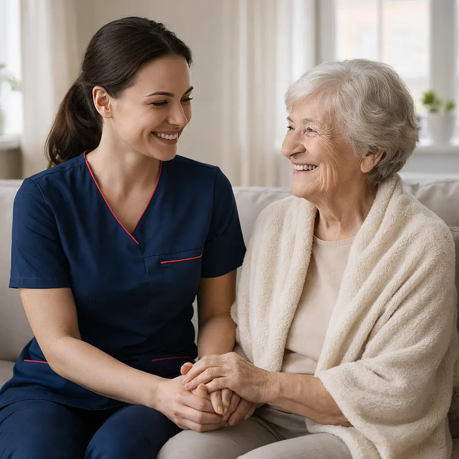 A caucasian female caregiver wearing a tunic uniform with color 00072b and with an accent color e51974 holding a senior womans hand who has a cover round her shoulders sitting on a sofa in a bright living room setting the senior woman i smiling and is comfortable