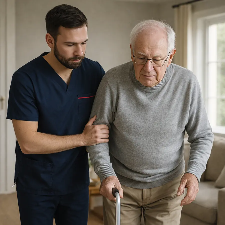 A caucasian male caregiver in a tunic uniform with color 00072b and with an accent color e51974 assisting an older adult with balance and walking support in a safe well lit home.