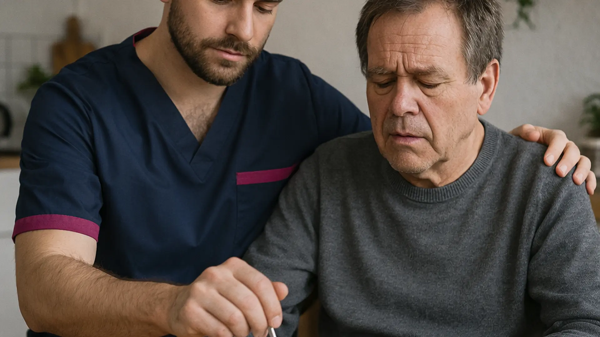 A caucasian male caregiver in a tunic uniform with color 00072b and with an accent color e51974 with a middle aged adult helping with daily tasks while supporting Frontotemporal dementia