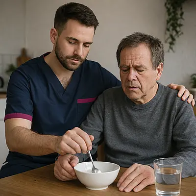 A caucasian male caregiver in a tunic uniform with color 00072b and with an accent color e51974 with a middle aged adult helping with daily tasks while supporting Frontotemporal dementia