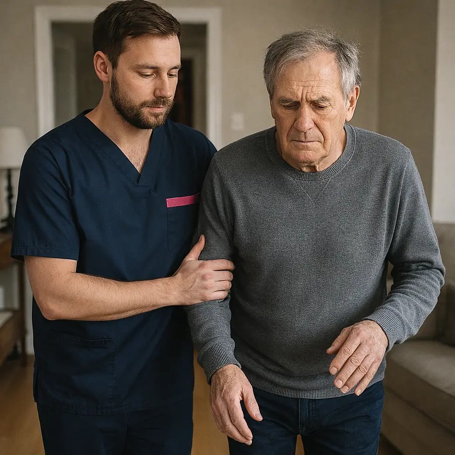 A caucasian male caregiver in a tunic uniform with color 00072b and with an accent color e51974 calmly guiding an adult with CTE through daily activities offering reassurance and gentle support in a home setting.