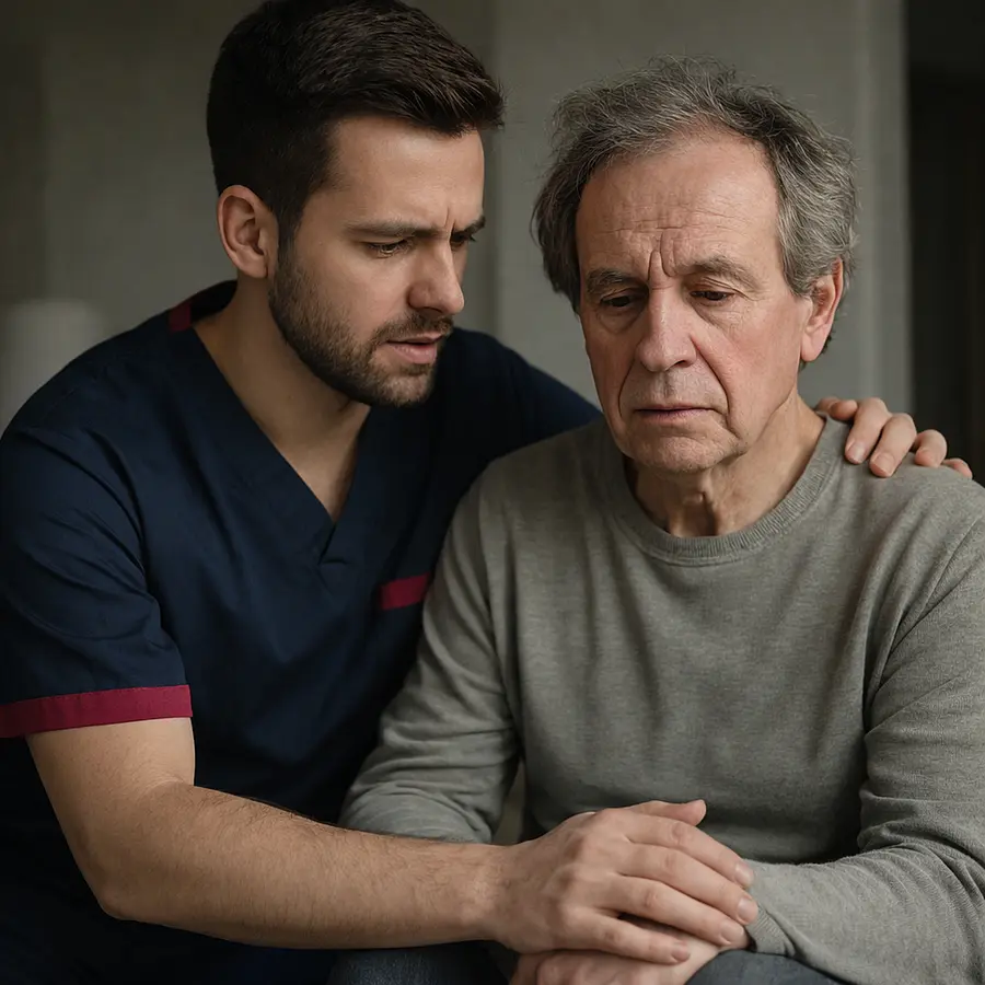 A caucasian male caregiver in a tunic uniform with color 00072b and with an accent color e51974 providing close attentive support to an adult experiencing sudden cognitive decline ensuring comfort and safety.