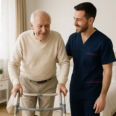 A caucasian male caregiver wearing a tunic uniform with color 00072b and with an accent color e51974 is standing to the right of a senior man walking with a zimmer frame. the senior man feels safe and comfortable. the carer is standing close by for reassurance. this is in a bright bedroom setting