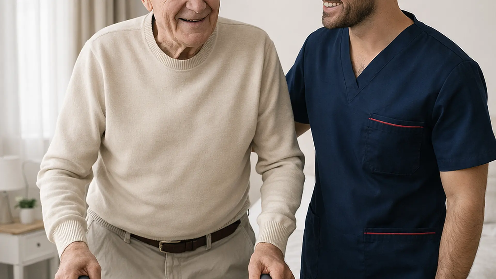 A caucasian male caregiver wearing a tunic uniform with color 00072b and with an accent color e51974 is standing to the right of a senior man walking with a zimmer frame. the senior man feels safe and comfortable. the carer is standing close by for reassurance. this is in a bright bedroom setting