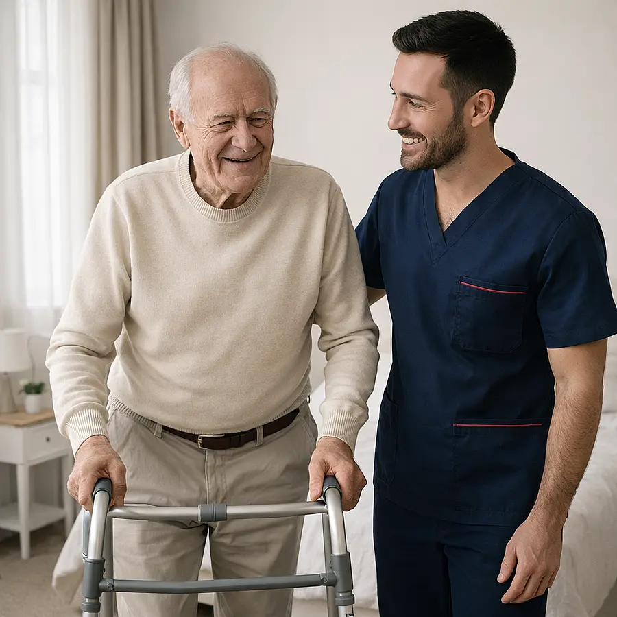 A caucasian male caregiver wearing a tunic uniform with color 00072b and with an accent color e51974 is standing to the right of a senior man walking with a zimmer frame. the senior man feels safe and comfortable. the carer is standing close by for reassurance. this is in a bright bedroom setting