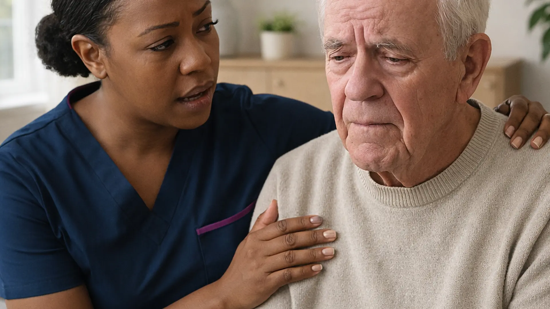 A female black caregiver wearing a tunic uniform with color 00072b and with an accent color e51974 is sitting next to a senor man with her arm around his shoulder. he looks lost and confused. she is reassuring him. in a dright and caringing living room environment