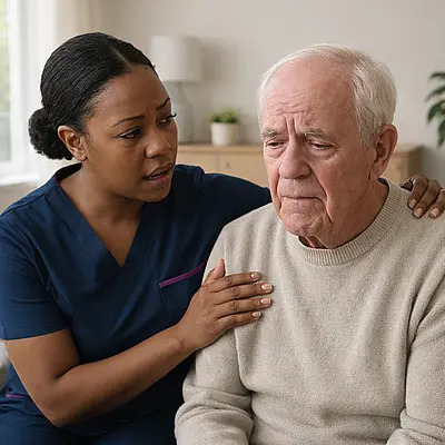 A female black caregiver wearing a tunic uniform with color 00072b and with an accent color e51974 is sitting next to a senor man with her arm around his shoulder. he looks lost and confused. she is reassuring him. in a dright and caringing living room environment