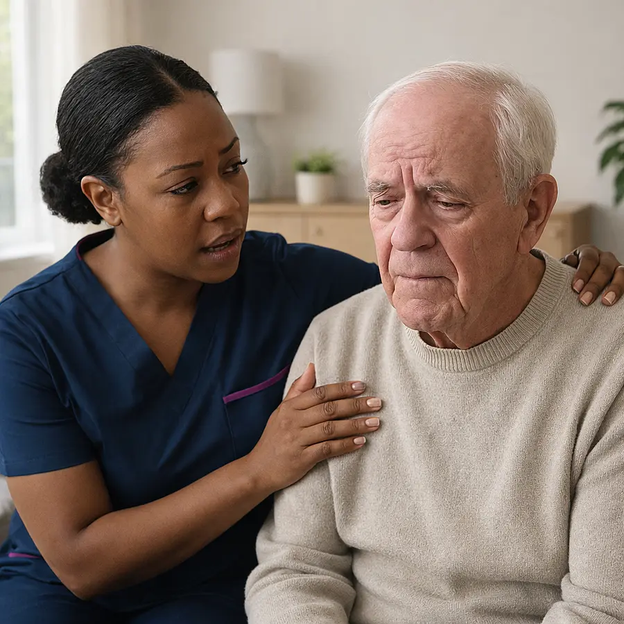 A female black caregiver wearing a tunic uniform with color 00072b and with an accent color e51974 is sitting next to a senor man with her arm around his shoulder. he looks lost and confused. she is reassuring him. in a dright and caringing living room environment