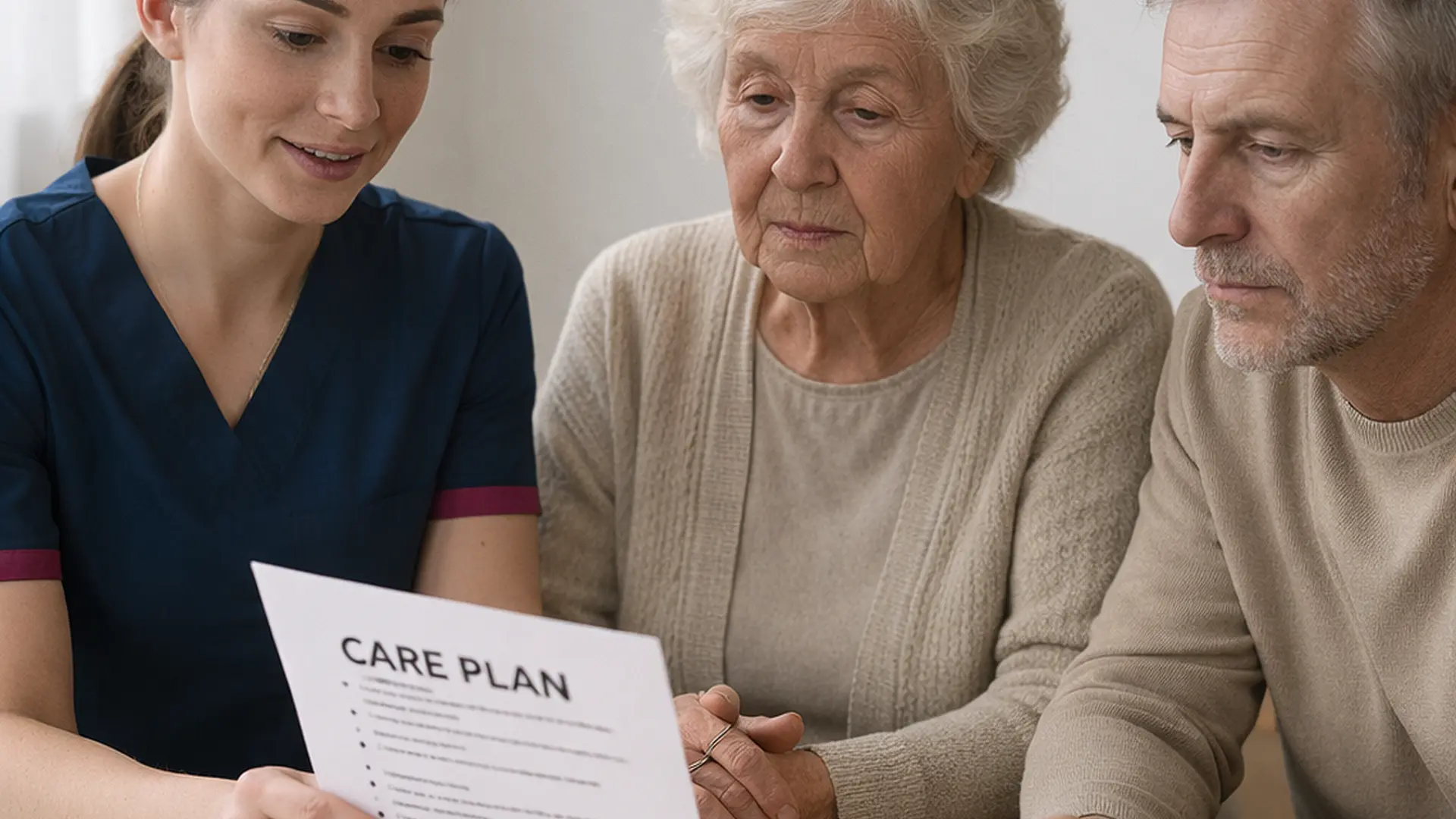 A female caucasian caregiver wearing a tunic uniform with color 00072b and with an accent color e51974 is sitting at a table with family members of an elderly woman discussing domiciliary care needs reviewing a printed care plan all calm and engaged symbolising thoughtful future planning.