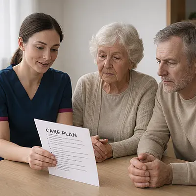 A female caucasian caregiver wearing a tunic uniform with color 00072b and with an accent color e51974 is sitting at a table with family members of an elderly woman discussing domiciliary care needs reviewing a printed care plan all calm and engaged symbolising thoughtful future planning.