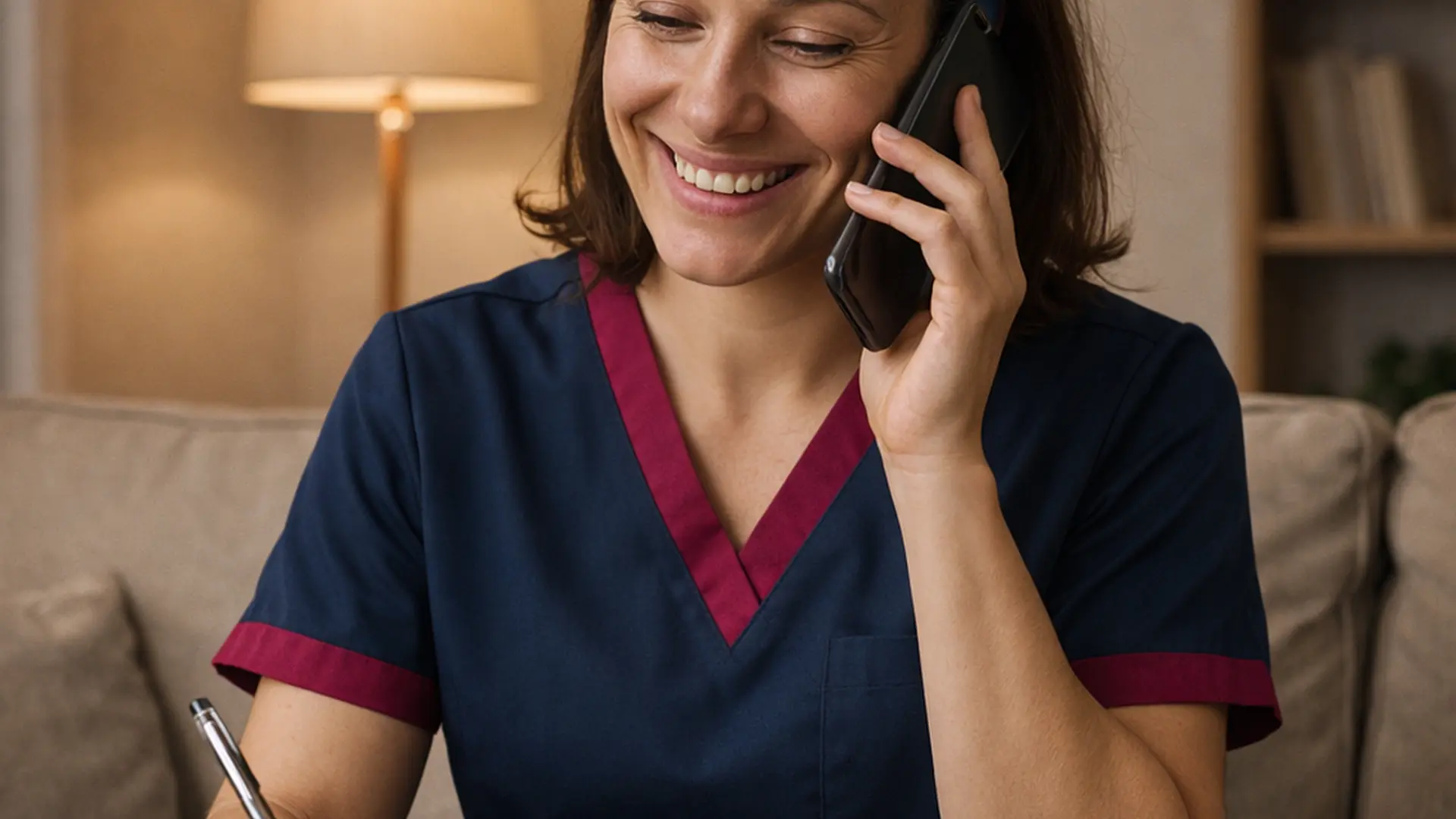 A photorealistic image of a caucasian female caregiver in tunic 00072b with accent e51974 taking a friendly support call while writing notes soft living room lighting warm atmosphere reassuring smile.