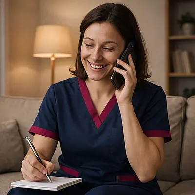 A photorealistic image of a caucasian female caregiver in tunic 00072b with accent e51974 taking a friendly support call while writing notes soft living room lighting warm atmosphere reassuring smile.