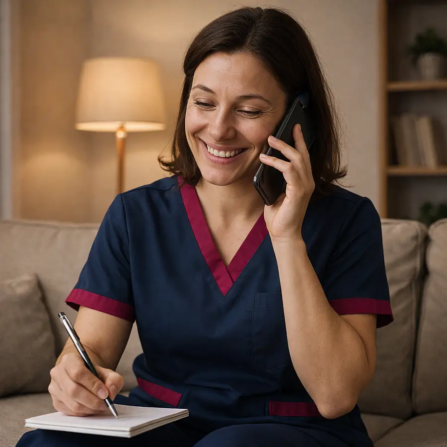 A photorealistic image of a caucasian female caregiver in tunic 00072b with accent e51974 taking a friendly support call while writing notes soft living room lighting warm atmosphere reassuring smile.
