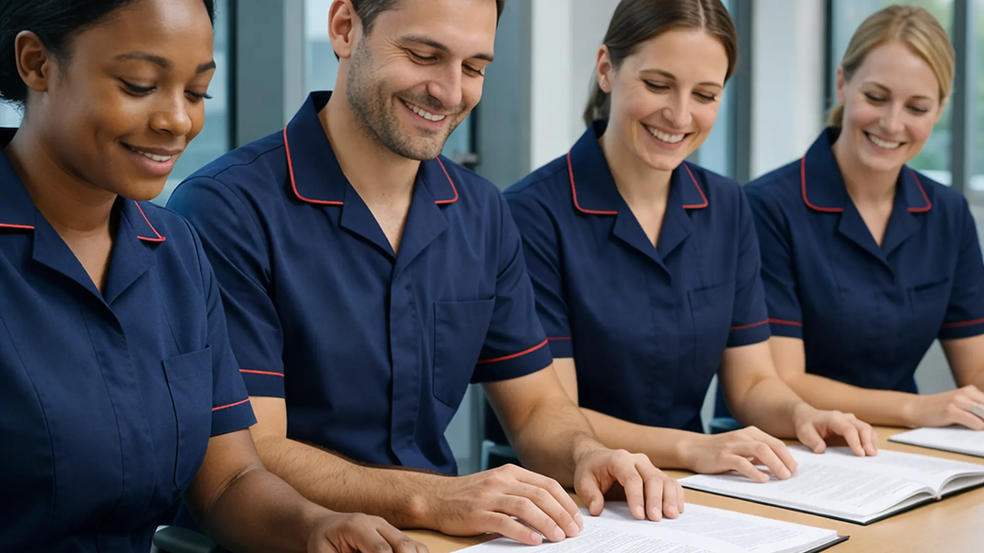 A photorealistic image of a group of 4 caregivers mix of male and female in tunic uniforms 00072b with accent e51974 in a bright modern board room sitting at a conference table reviewing company policies and proceures. all are content ensuring a safe and well leg domicilary care service