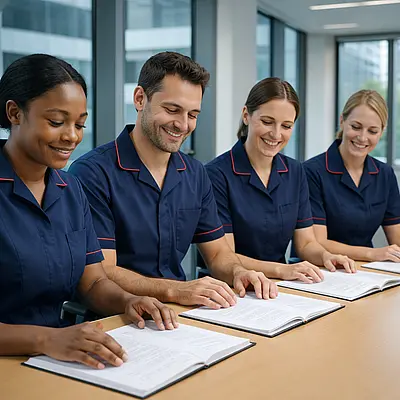 A photorealistic image of a group of 4 caregivers mix of male and female in tunic uniforms 00072b with accent e51974 in a bright modern board room sitting at a conference table reviewing company policies and proceures. all are content ensuring a safe and well leg domicilary care service